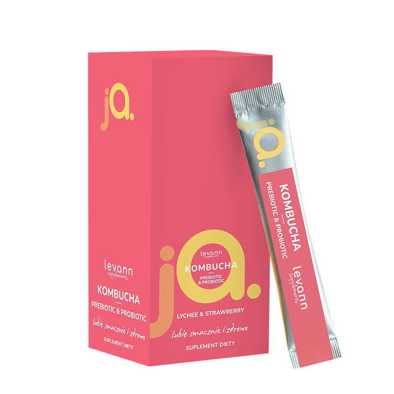 LEVANN “jA” Kombucha Prebiotic & Probiotic Lychee & Strawberry Sticks – 10 Sachets