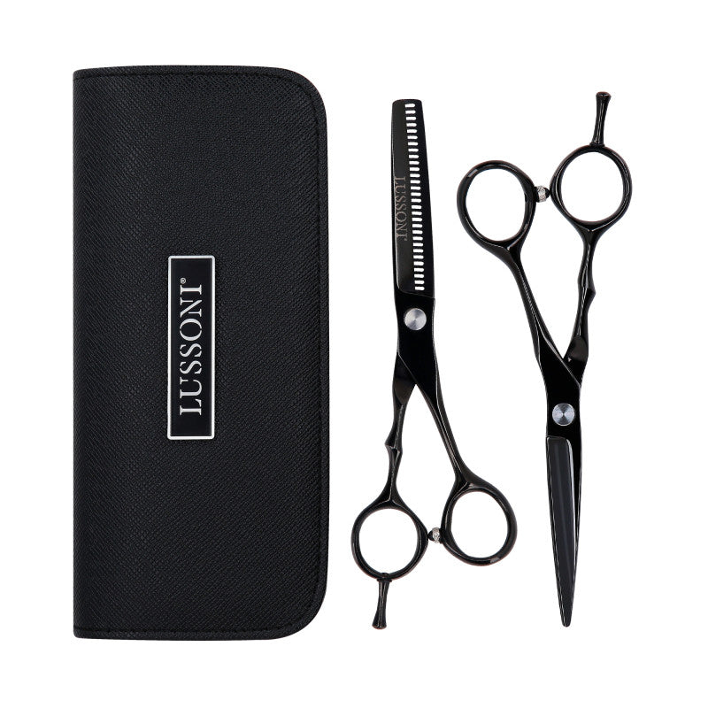 LUSSONI ECLIPSE SERIES Professional Hairdressing Scissors (Black): Thinning Scissors 6″, Cutting Scissors 6,5″ + Case