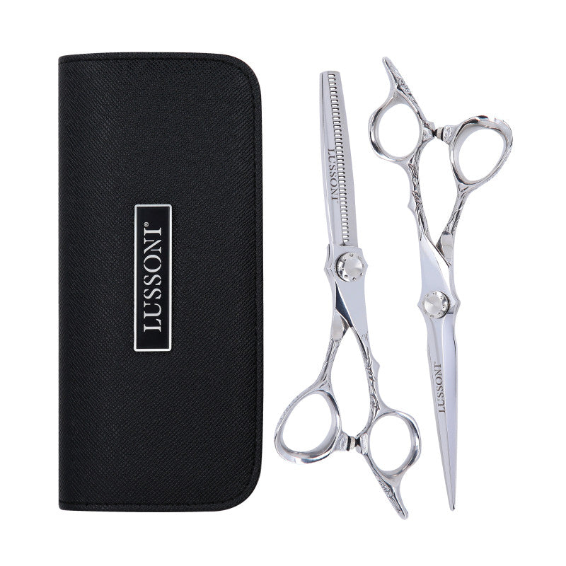 LUSSONI STELLAR SERIES Professional Hairdressing Scissors (Silver): Thinning Scissors 6″, Cutting Scissors 6,5″ + Case