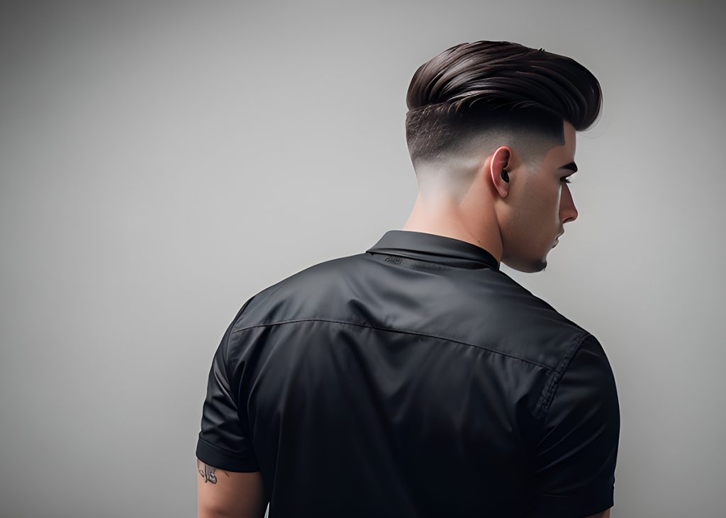 Stojący tyłem mężczyzna prezentujący gładko zaczesany slick back.