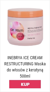 maska do włosów z keratyną Inebrya Ice Cream Restructuring w różowo-brzoskwioniowym opakowaniu