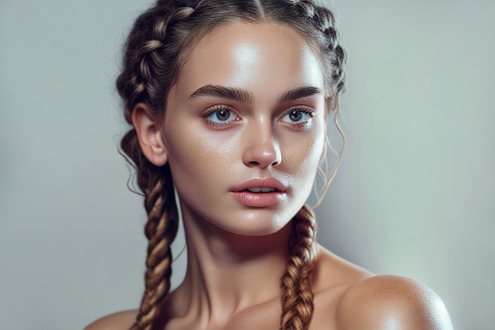 piękna młoda dziewczyna z warkoczami z efektem glass skin