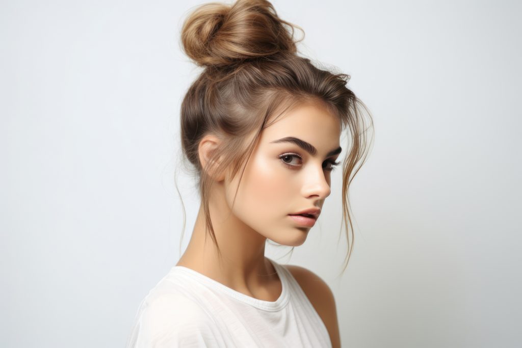 kobieta z fryzurą messy bun