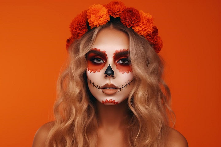 makijaż na halloween w stylu meksykańskim z wykorzystaniem pomarańczowych barw u młodej i pięknej dziewczyny