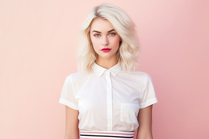 co zrobić żeby mieć białe włosy, piękna dziewczyna z białymi włosami w stylu bob i czerwonymi ustami, ubrana w białą bluzkę
