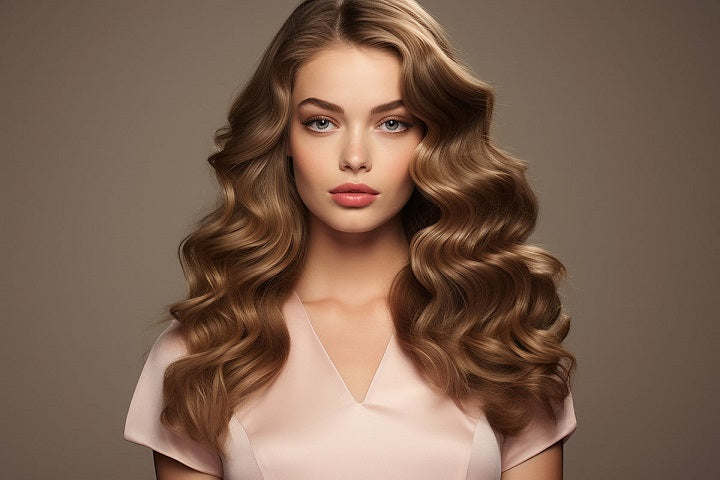 fale hollywood na włosach pięknej młodej dziewczyny z włosami w kolorze ciemny blond
