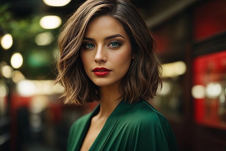Long bob u młodej, pięknej brunetki z czerwoną szminką, która ubrana jest w bluzkę w kolorze butelkowej zieleni. Fryzura jest w wersji z lekko falowanymi włosami.