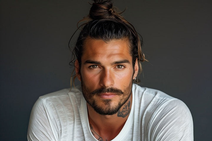 man bun u przystojnego młodego mężczyzny o ciemnych włosach, ubranego w białą koszulkę, z tatuażem na szyi