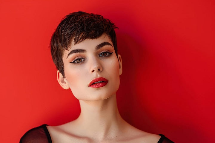 pixie cut na ciemnych włosach u pięknej młodej dziewczyny pozującej na tle czerwonej ściany. Dziewczyna ma czarną blużkę i usta pomalwoane czerwoną szminką