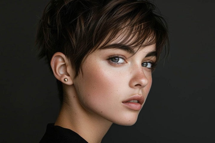 modne fryzury w 2024 trendy młoda kobieta z ciemnymi włosami w fryzurze pixie cut