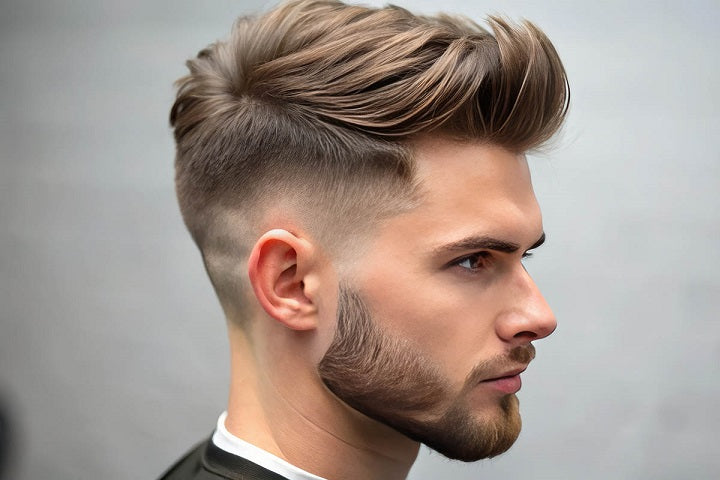 Fryzura w stylu quiff u młodego mężczyzny, ciemnego blondyna, który pozuje profilem
