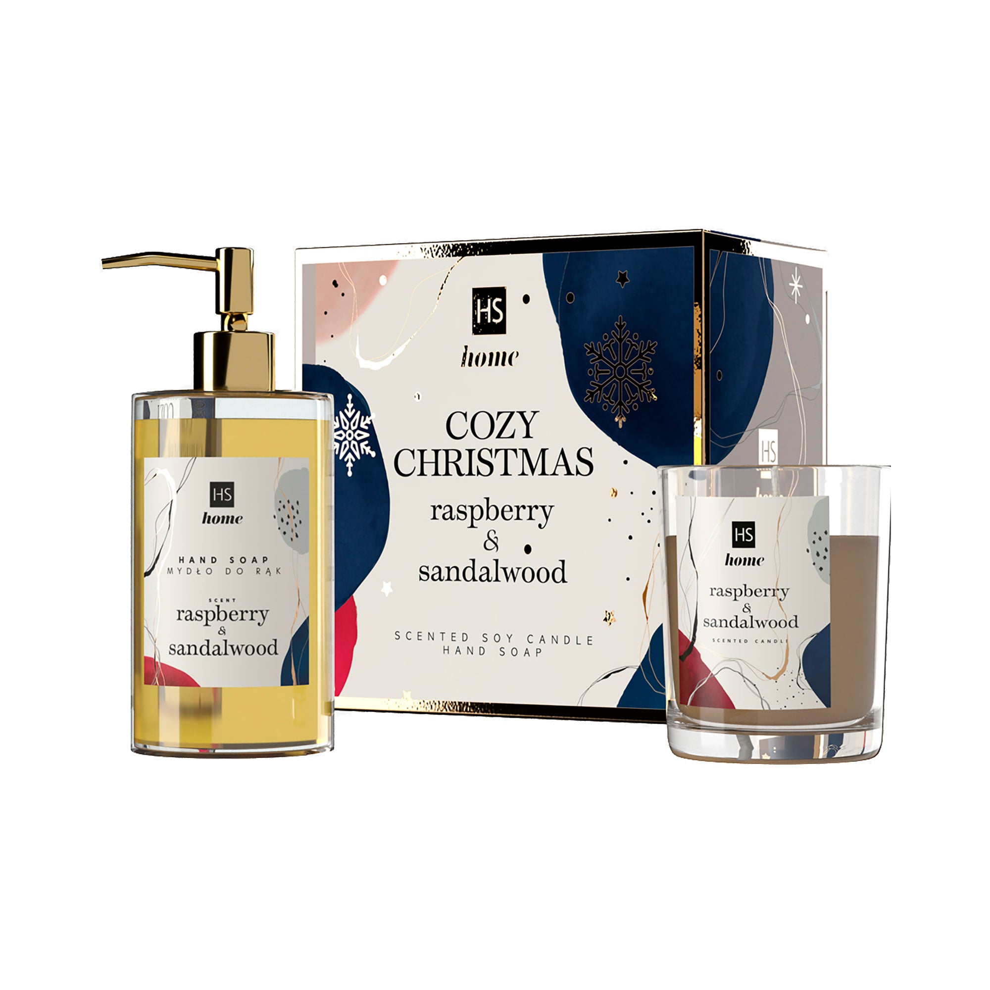HISKIN HOME COZY CHRISTMAS Zestaw mydło do rąk 250ml + naturalna świeca zapachowa Raspberry&Sandalwood