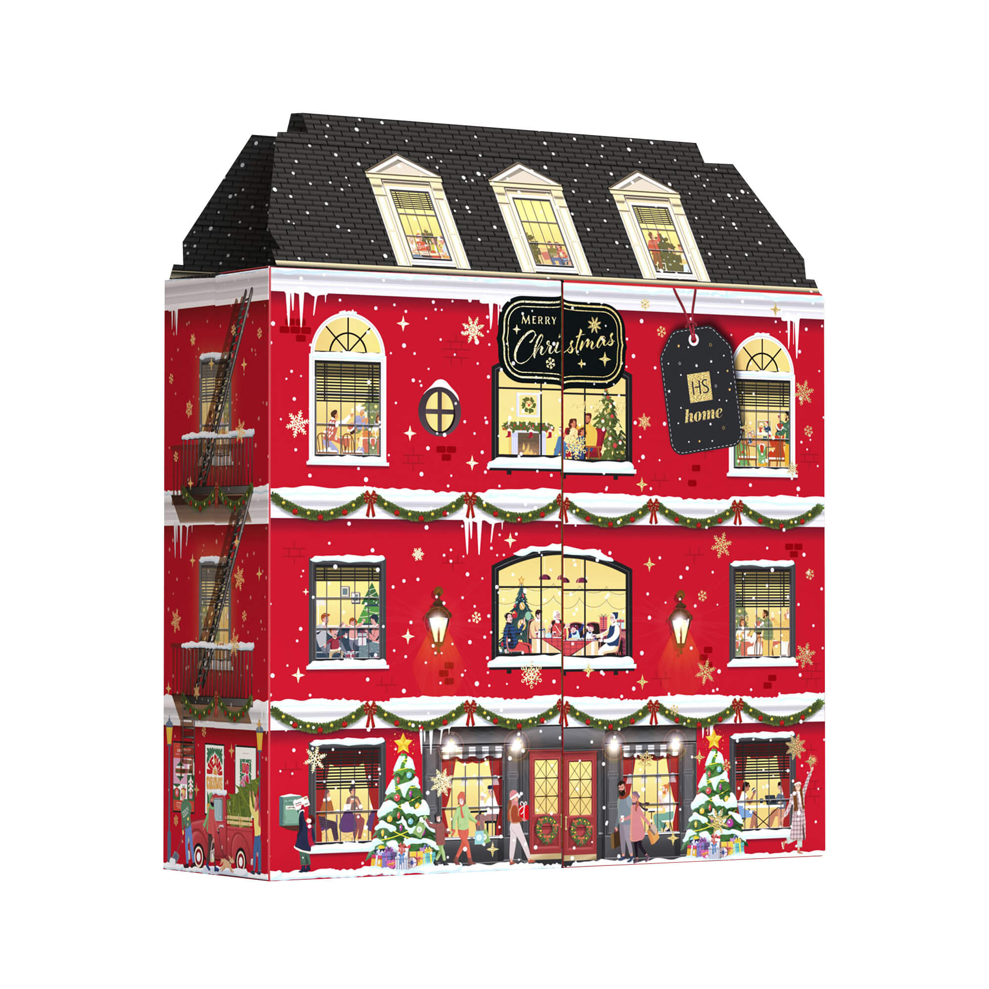 HISKIN MERRY CHRISTMAS HOME Kalendarz adwentowy ze świątecznymi świecami z motywem kamienicy, 24 okienka