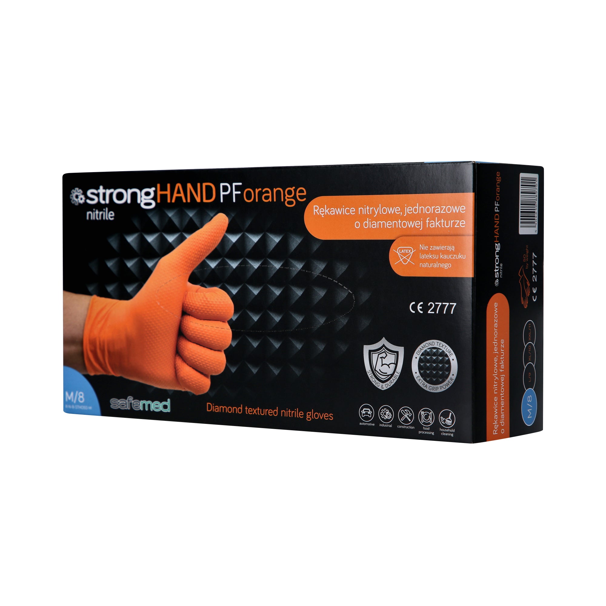 SAFEMED STRONG HAND PF Mocne rękawice jednorazowe nitrylowe o diamentowej fakturze Orange M 50 szt.