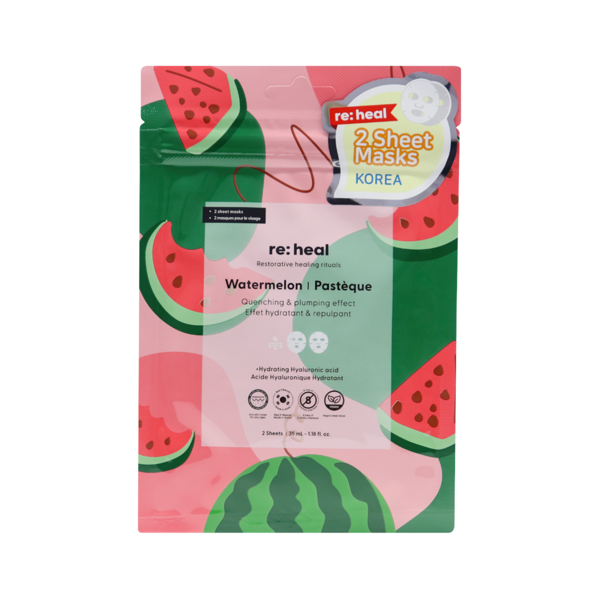 Re:Heal RE:HEAL WATERMELON Maseczka w płachcie – nawilżenie i efekt plumping 35 ml (2 szt.) — Składniki i ocena