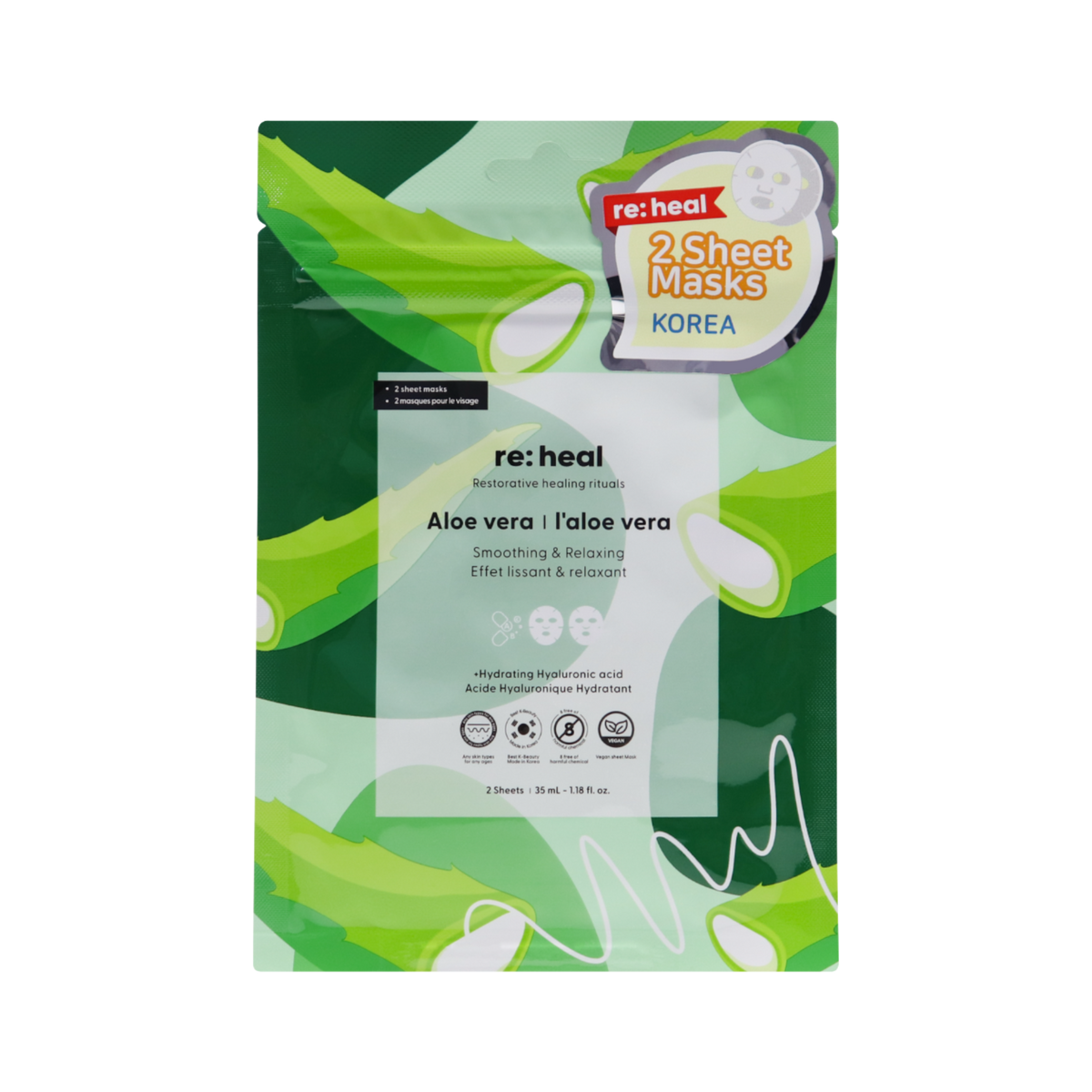 Re:Heal RE:HEAL ALOE VERA Maseczka w płachcie – wygładzenie i relaks 35 ml (2 szt.) — Składniki i ocena