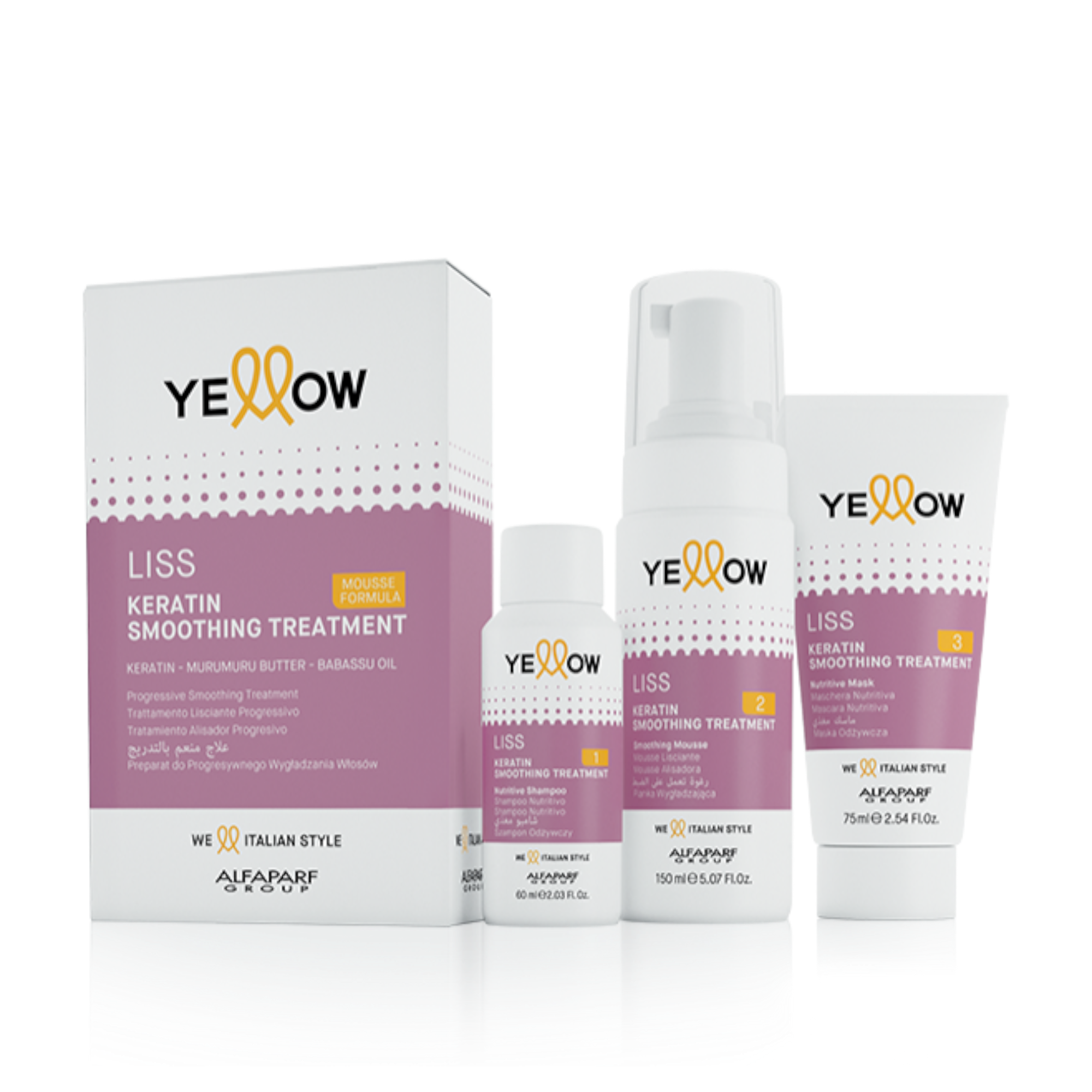 YELLOW PROFESSIONAL LISS KERATIN SMOOTHING SET Profesjonalny zestaw do wygładzania włosów 60 ml+150 ml+75 ml