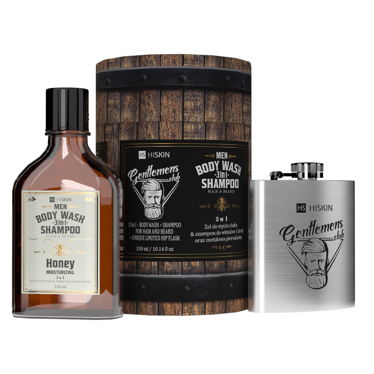 HISKIN MEN Zestaw męski, żel pod prysznic Whisky + piersiówka w opakowaniu w kształcie beczki (Flask Barrel Set)