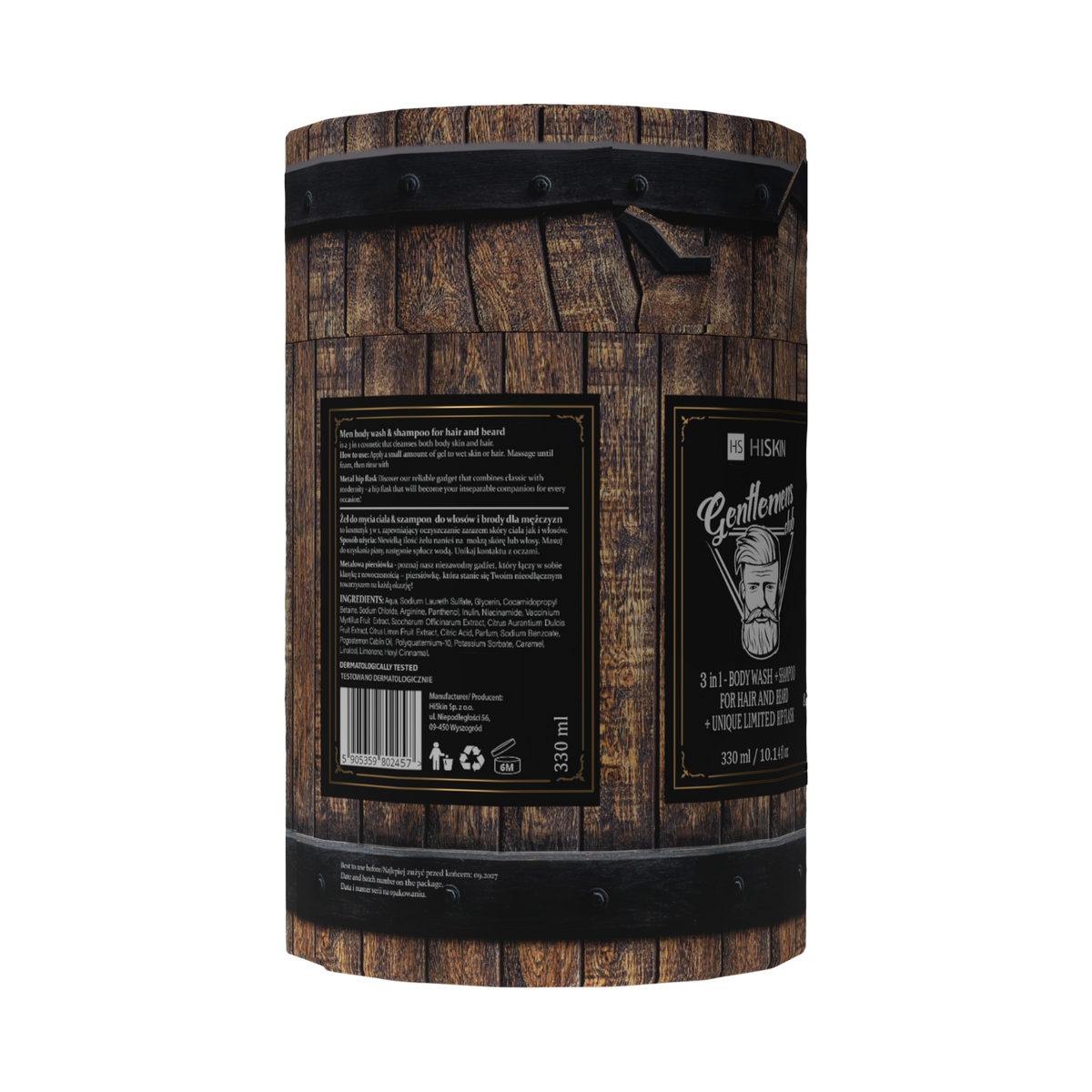HISKIN MEN Zestaw męski, żel pod prysznic Whisky + piersiówka w opakowaniu w kształcie beczki (Flask Barrel Set) #4