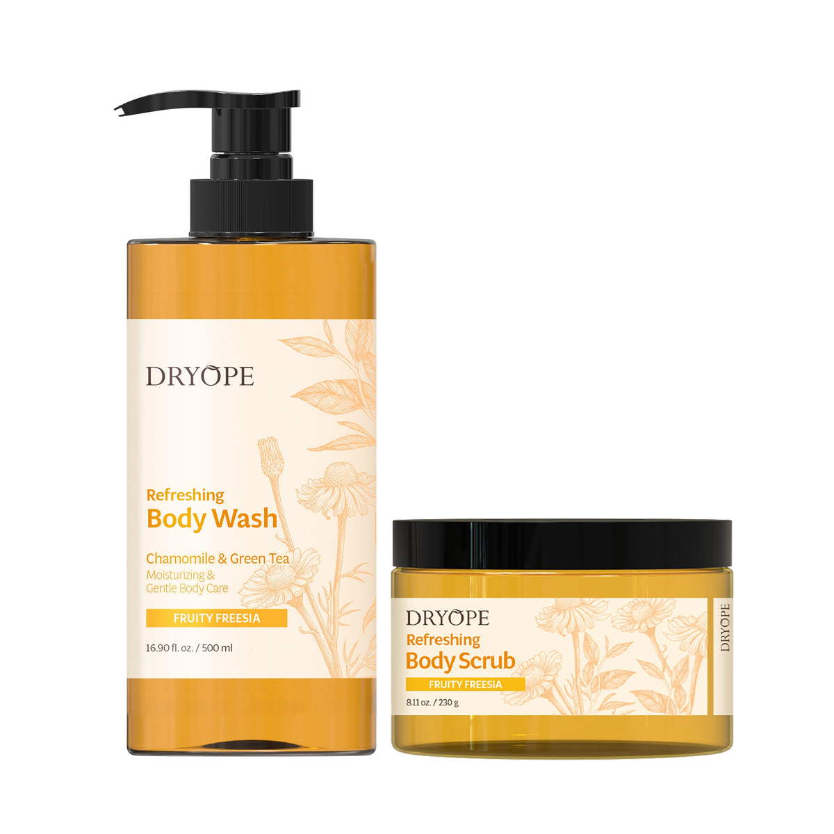 Dryope DRYOPE FRUITY FREESIA Zestaw, Wegański żel pod prysznic 500 ml + Odżywiający peeling do ciała 230 g — Składniki i ocena