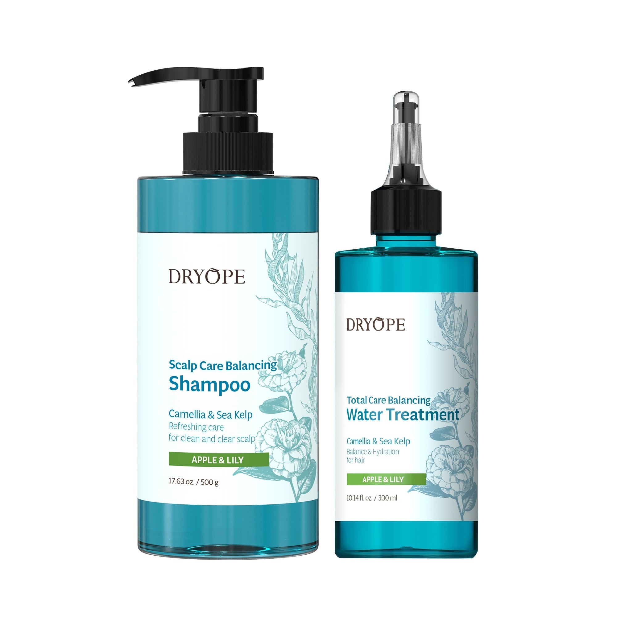 DRYOPE APPLE & LILY Set, veganes Shampoo 500 ml + ausgleichende Wasserbehandlung 300 ml