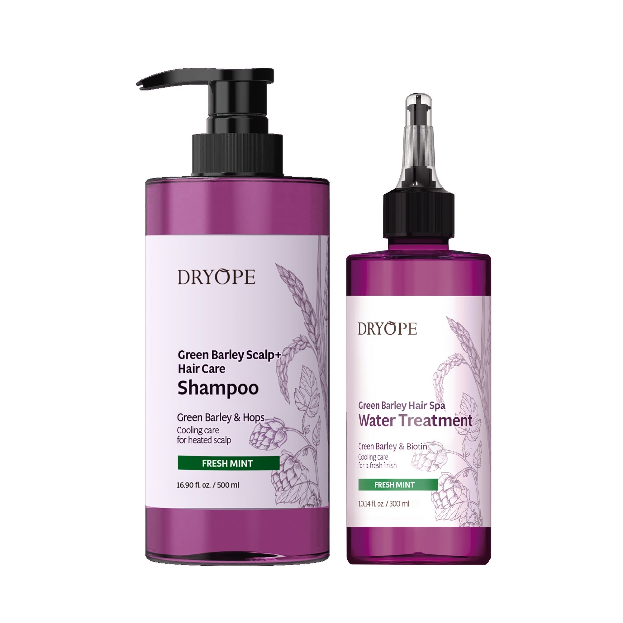 Coffret DRYOPE FRESH MINT, Shampoing Vegan 500 ml + Traitement complet à l'eau 300 ml