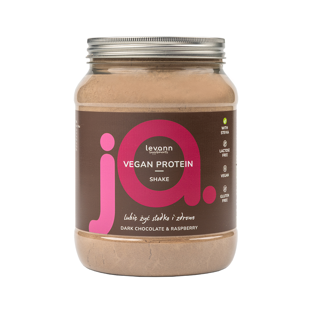 LEVANN “jA” SUPPLEMENTS VEGAN PROTEIN Wegańskie proteinowe białko o smaku gorzkiej czekolady z malinami, w proszku 500g