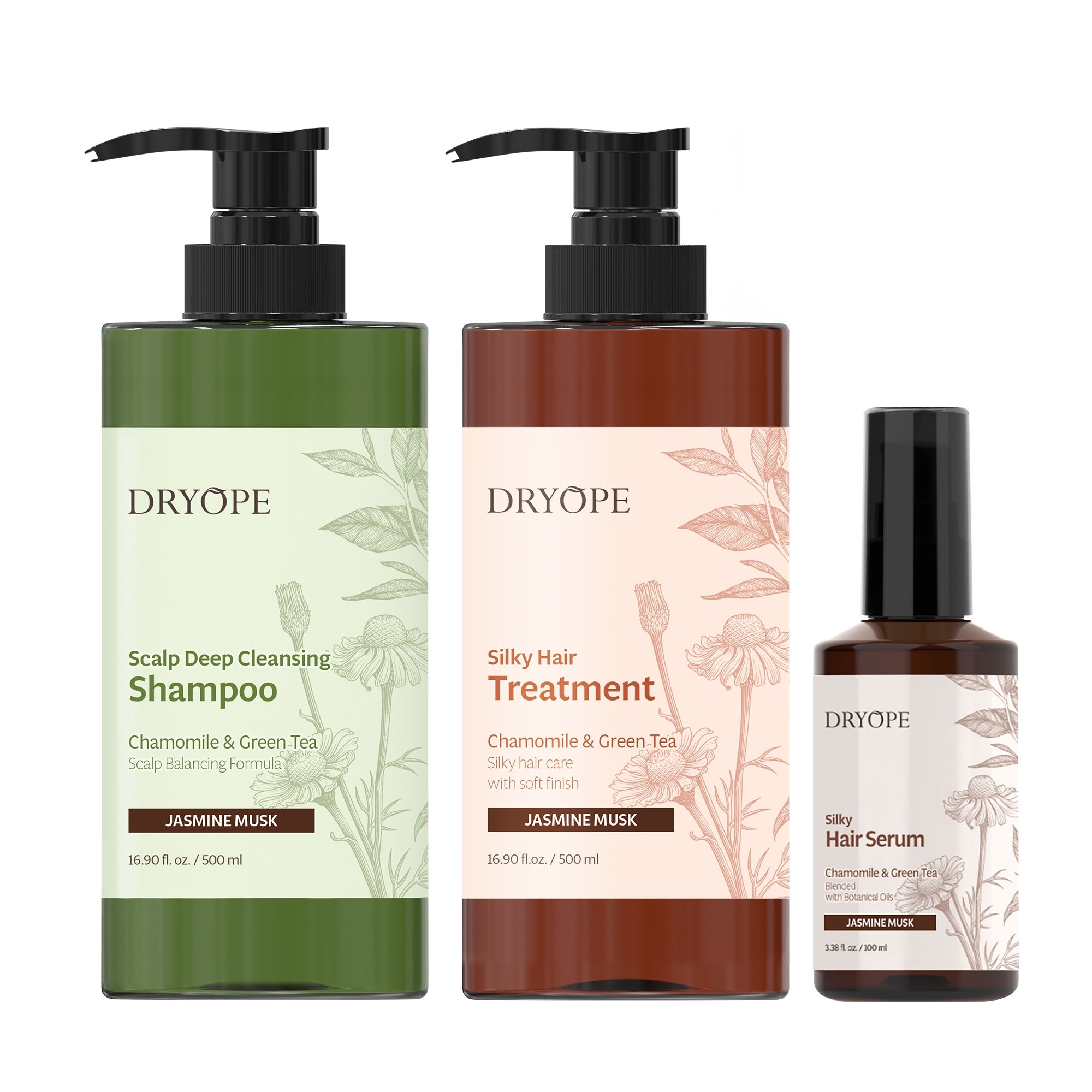 Coffret DRYOPE JASMINE MUSK, Shampoing Vegan 500 ml + Masque Nourrissant 500 ml + Sérum Vegan 100 ml