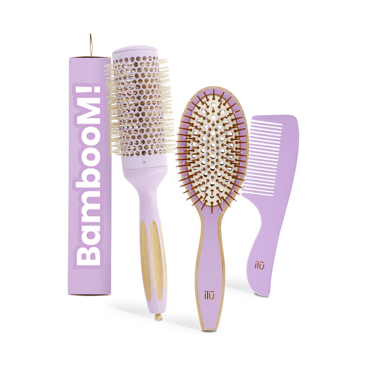ilū BAMBOOM! WILD LAVENDER Zestaw – szczotka do rozczesywania, szczotka do modelowania 43 mm i grzebień