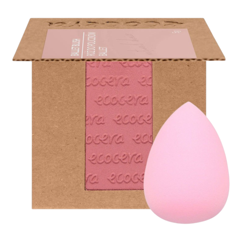 ECOCERA NATURAL CHOICE Róż do policzków, Tango 5 g + MIMO Gąbka do makijażu, Raindrop, Jasnoróżowa