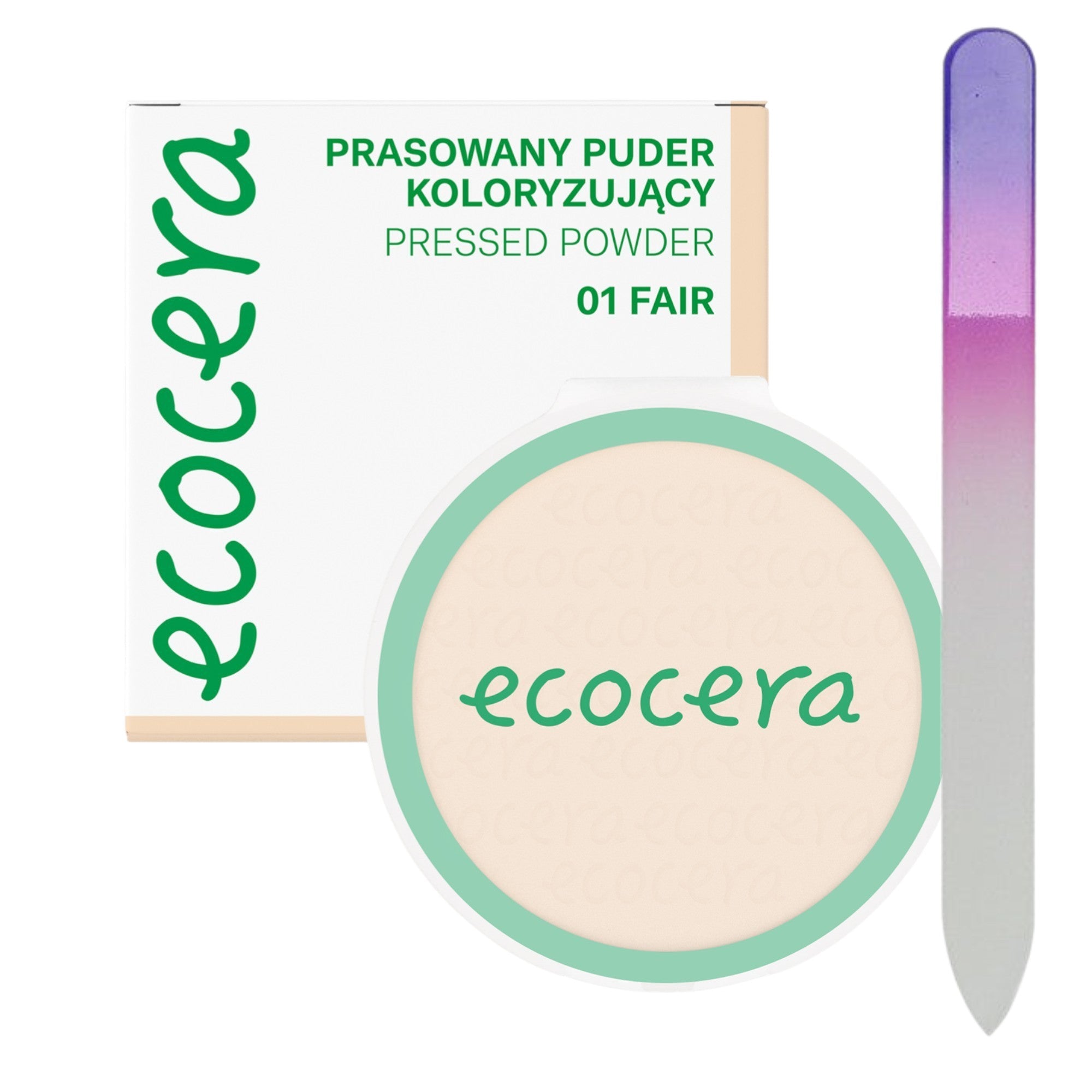 ECOCERA PRESSED POWDER Prasowany puder do twarzy, Fair 10 g + MIMO Szklany pilnik do paznokci, Tęczowy nadruk