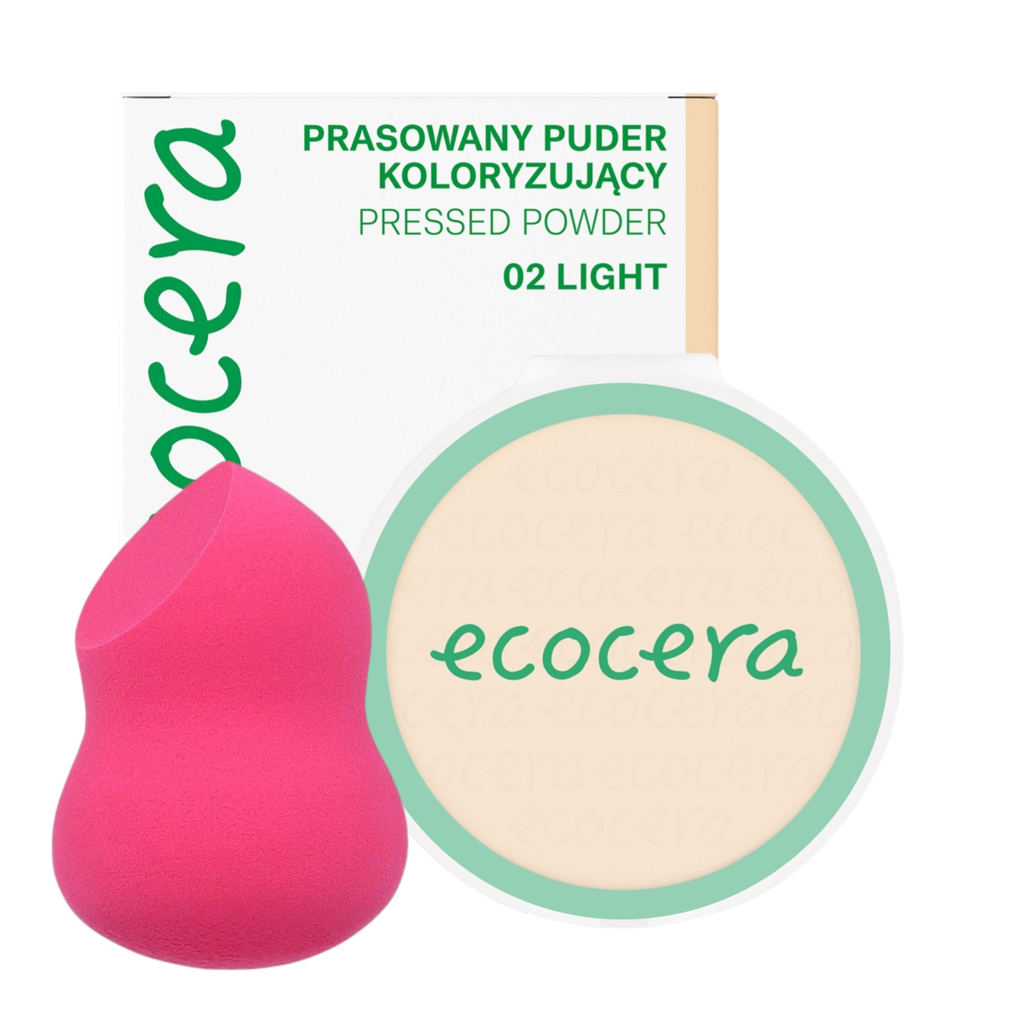 ECOCERA PRESSED POWDER Prasowany puder do twarzy, Light 10 g + MIMO Gąbka do makijażu, Pear cut, Różowa