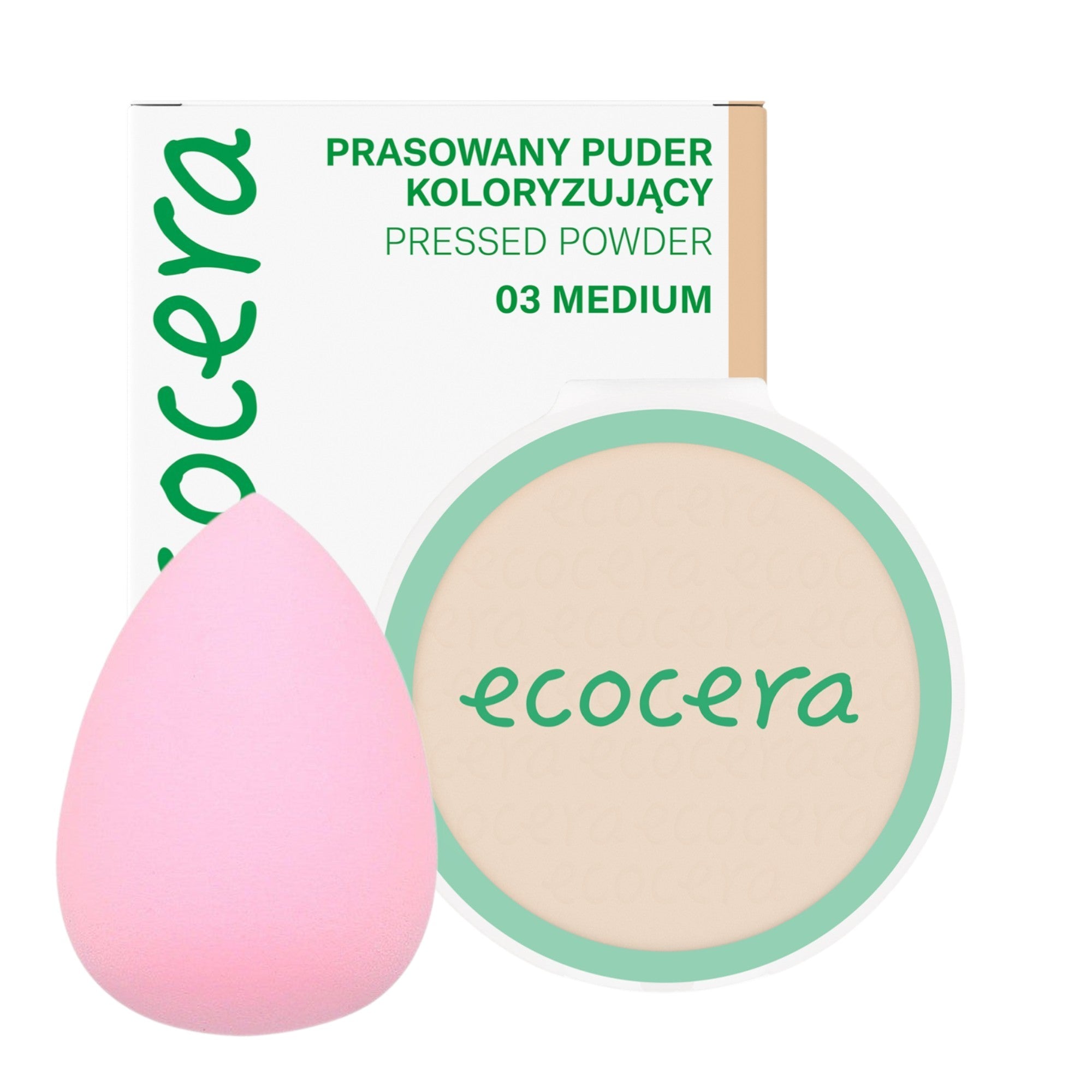 ECOCERA PRESSED POWDER Prasowany puder do twarzy, Medium 10 g + MIMO Gąbka do makijażu, Raindrop, Jasnoróżowa