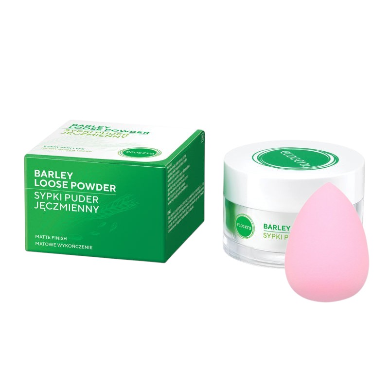 ECOCERA Sypki puder jęczmienny 15 g + MIMO Gąbka do makijażu, Raindrop, Jasnoróżowa