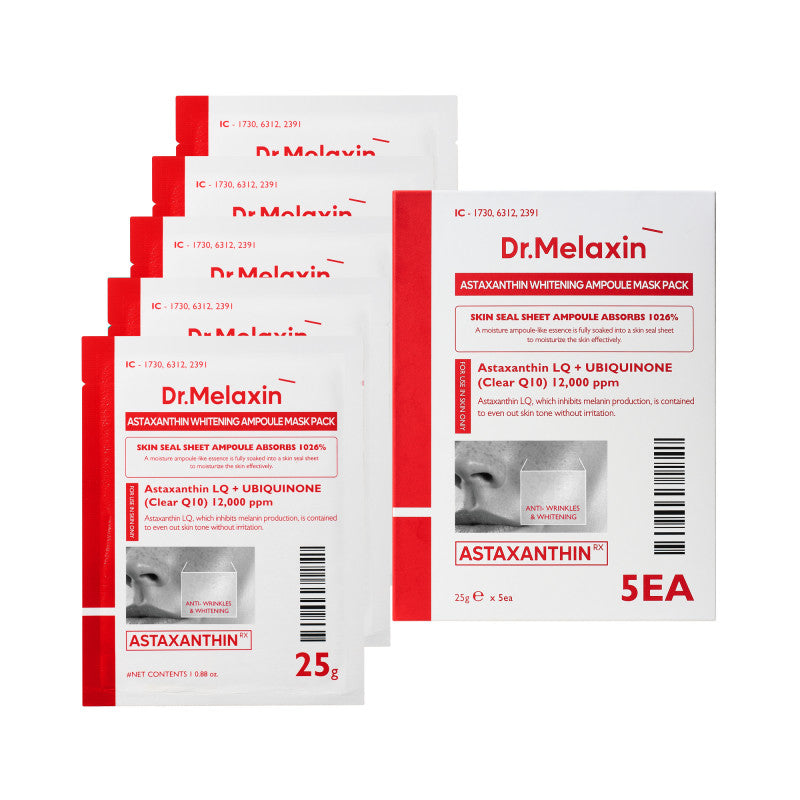 Dr. Melaxin DR.MELAXIN ASTAXANTHIN BRIGHTENING AMPOULE MASK Rozjaśniające maseczki w płachcie z astaksantyną 5x25 ml — Składniki i ocena