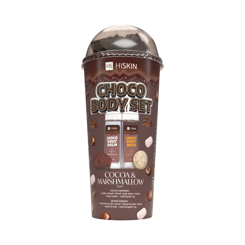 Hiskin HISKIN BODY CHOCO SET Zestaw kąpielowy w tubie żel do mycia ciała 100 ml+balsam do ciała 100 ml+myjka+kula 15 g — Składniki i ocena
