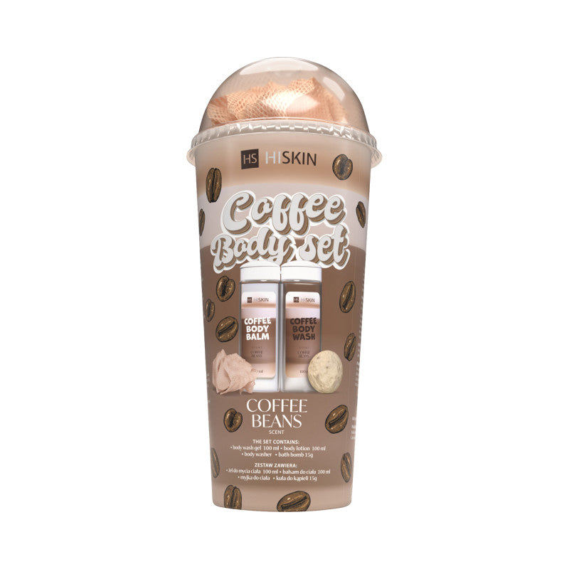 Hiskin HISKIN BODY COFFEE SET Zestaw kąpielowy w tubie żel do mycia ciała 100 ml+balsam do ciała 100 ml+myjka+kula 15 g — Składniki i ocena