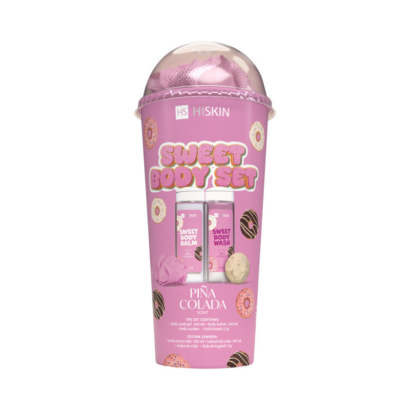 Hiskin HISKIN BODY SWEET SET Zestaw kąpielowy w tubie żel do mycia ciała 100 ml+balsam do ciała 100 ml+myjka+kula 15 g — Składniki i ocena