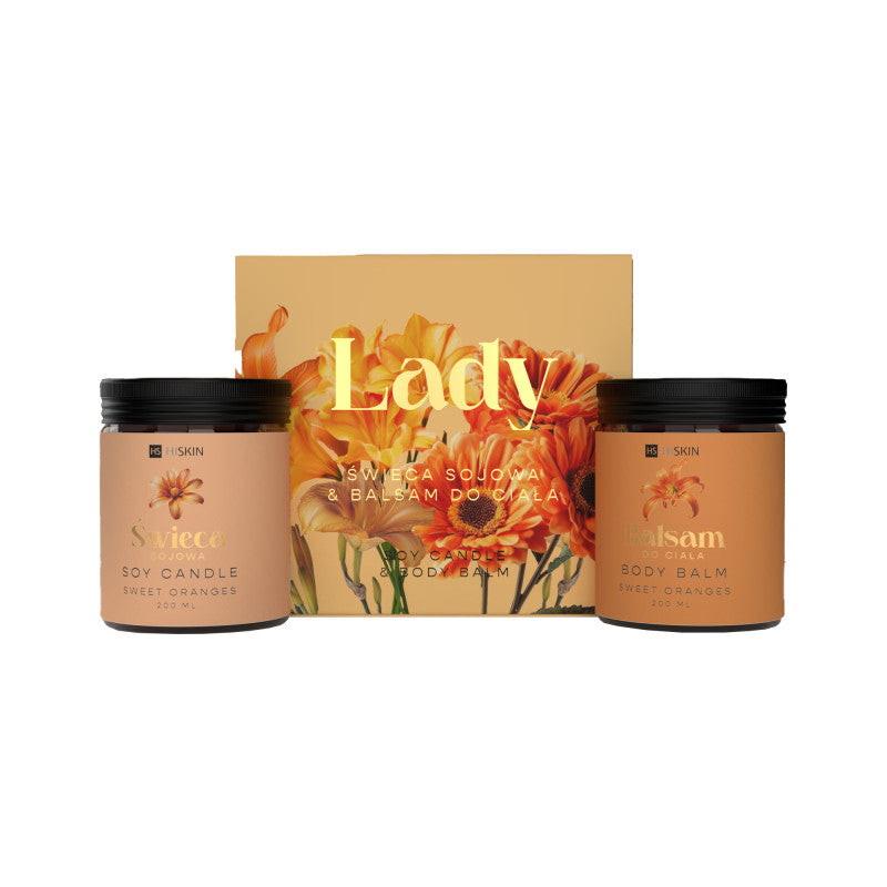 Hiskin HISKIN LADY SWEET ORAGNE Zestaw dla kobiet Świeca sojowa + Masło do ciała 2x200 ml