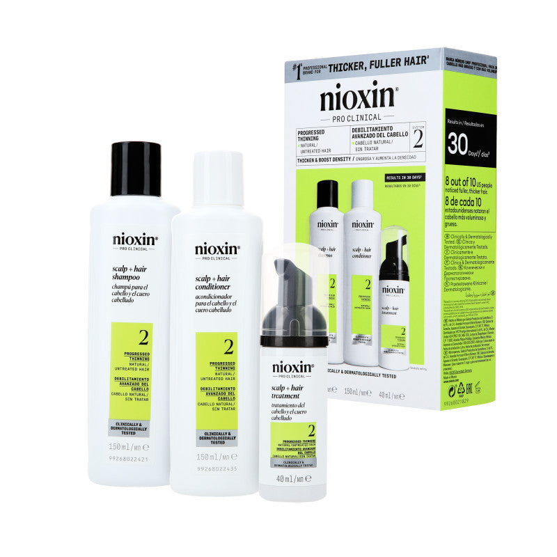 Nioxin NIOXIN PRO CLINICAL 2 Trzystopniowy zestaw do pielęgnacji włosów naturalnych i z widocznym przerzedzeniem 2 x 150 ml + 50 ml — Składniki i ocena