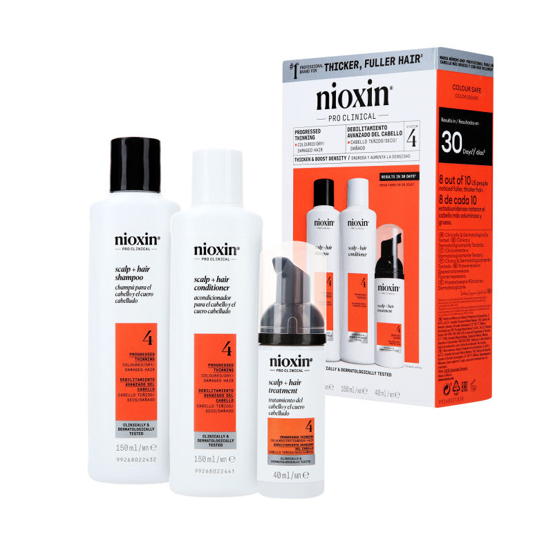 Nioxin NIOXIN PRO CLINICAL 4 Trzystopniowy zestaw do włosów farbowanych z postępującym przerzedzeniem 2 x 150 ml + 40 ml — Składniki i ocena